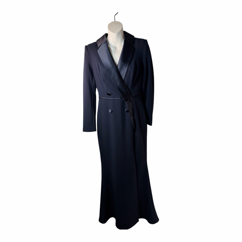 Adrianna Papell Tuxedo Gown Navy Dress 0 Autumn Wedding Guest Long Sleeve Formal